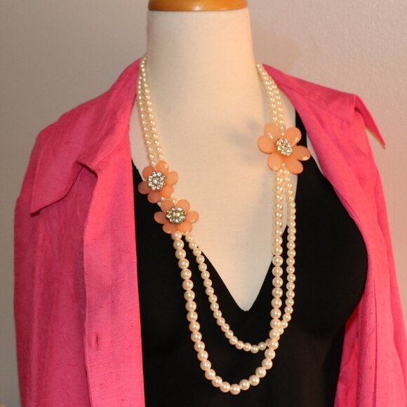 VCLM Faux Pearl Floral Rhinestones Fashion Necklace Double Strand 31" - Picture 1 of 7